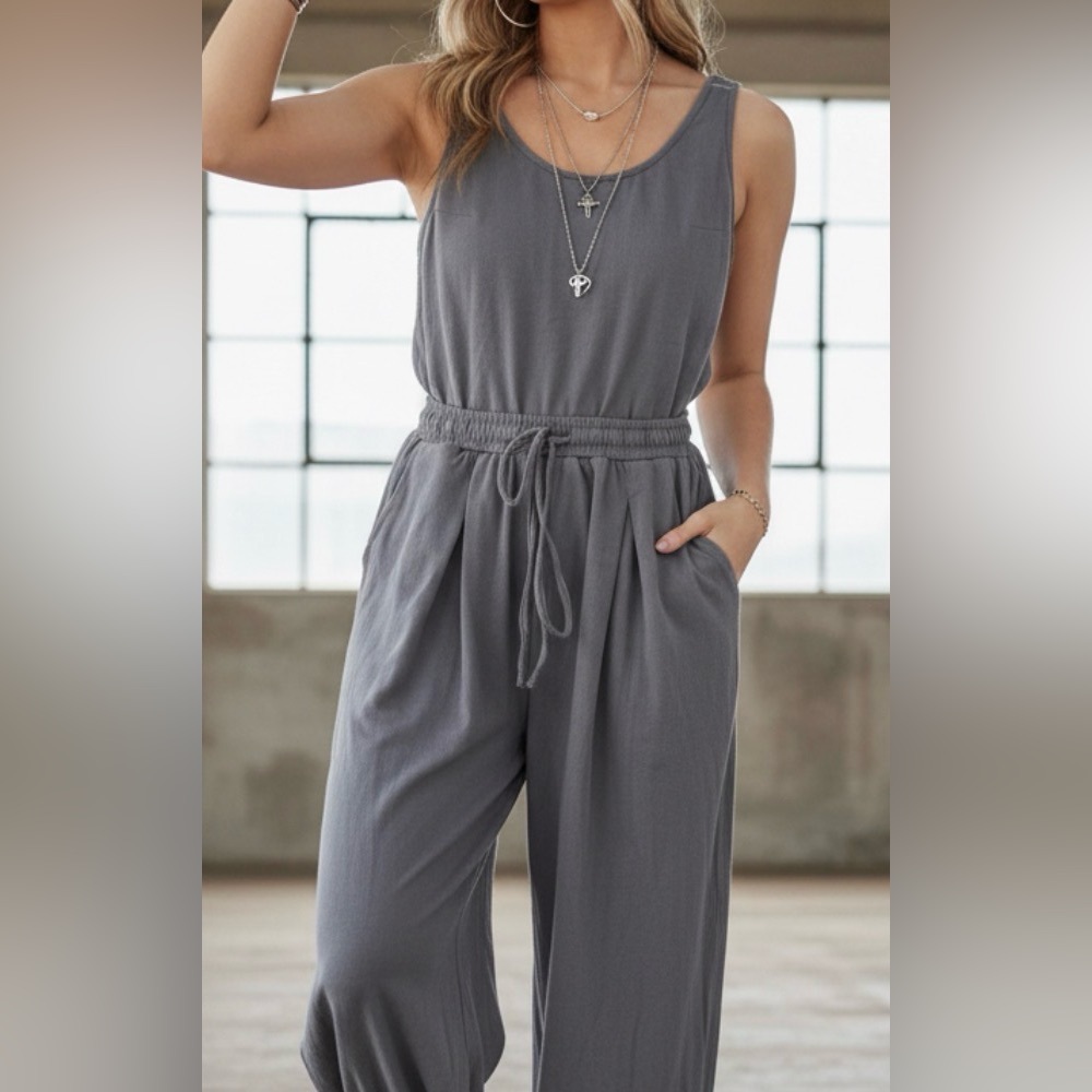 Listicle Charcoal Grey Open Back Jogger Drawstring Jumper Jumpsuit - Picture 9 of 10